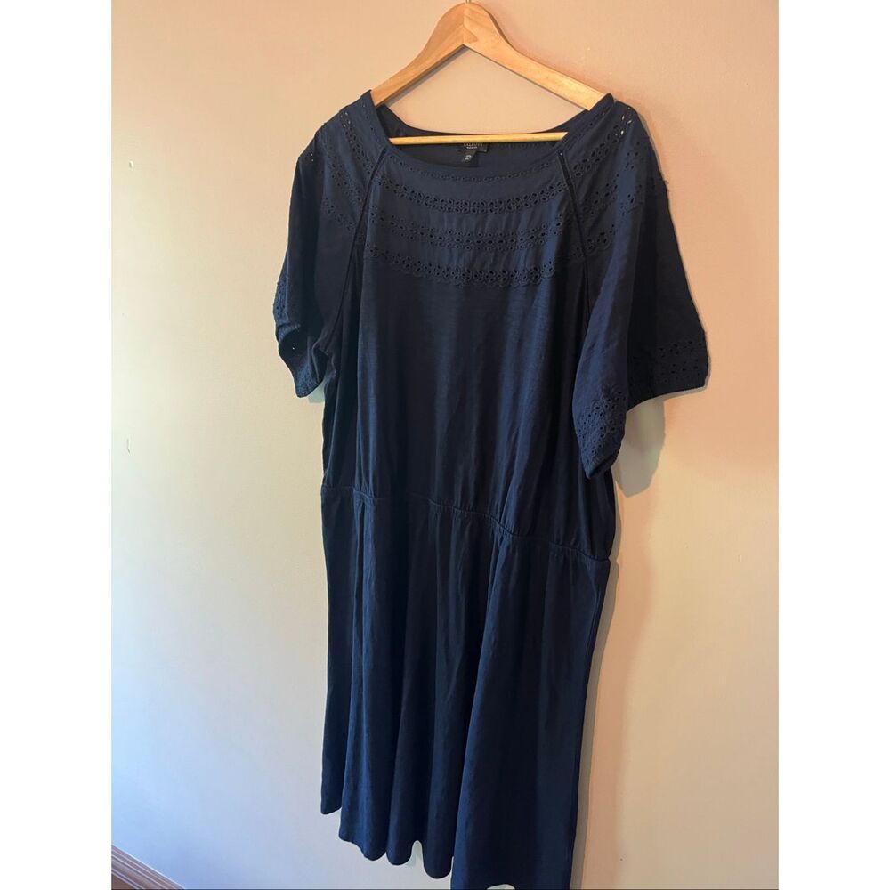 Talbots Plus Petite 2XP Navy Blue Eyelet Yoke Dress Cotton Modal Knit Short Slee - Picture 5 of 8